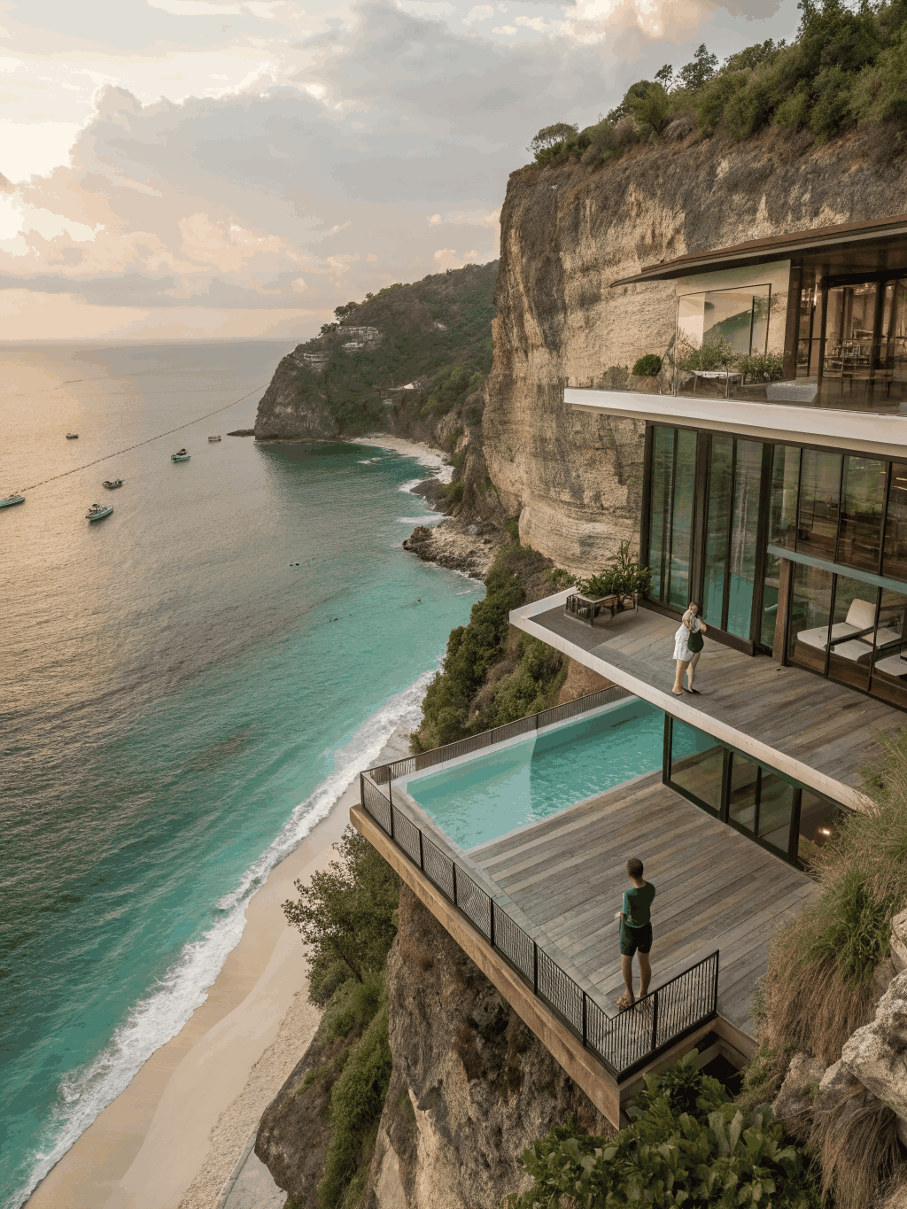 Secluded cliffside suite overlooking the calm blue horizon