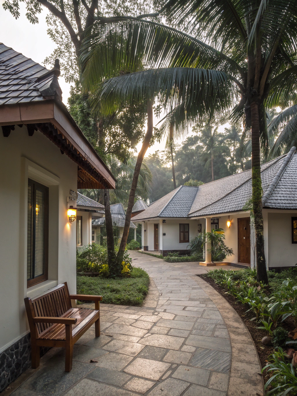 Serene garden suite surrounded by lush coastal greenery