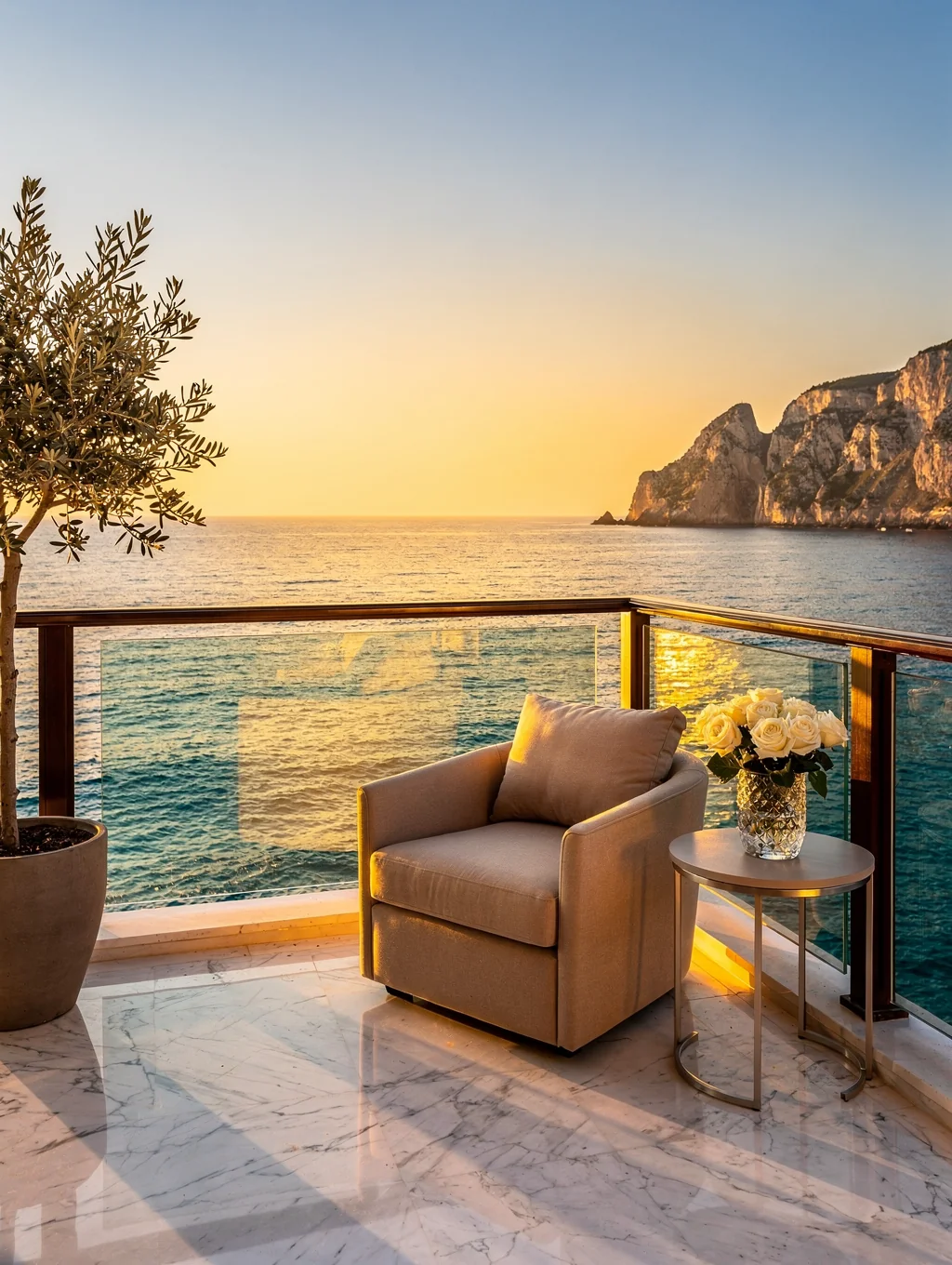 Expansive horizon view suite with private terrace seating