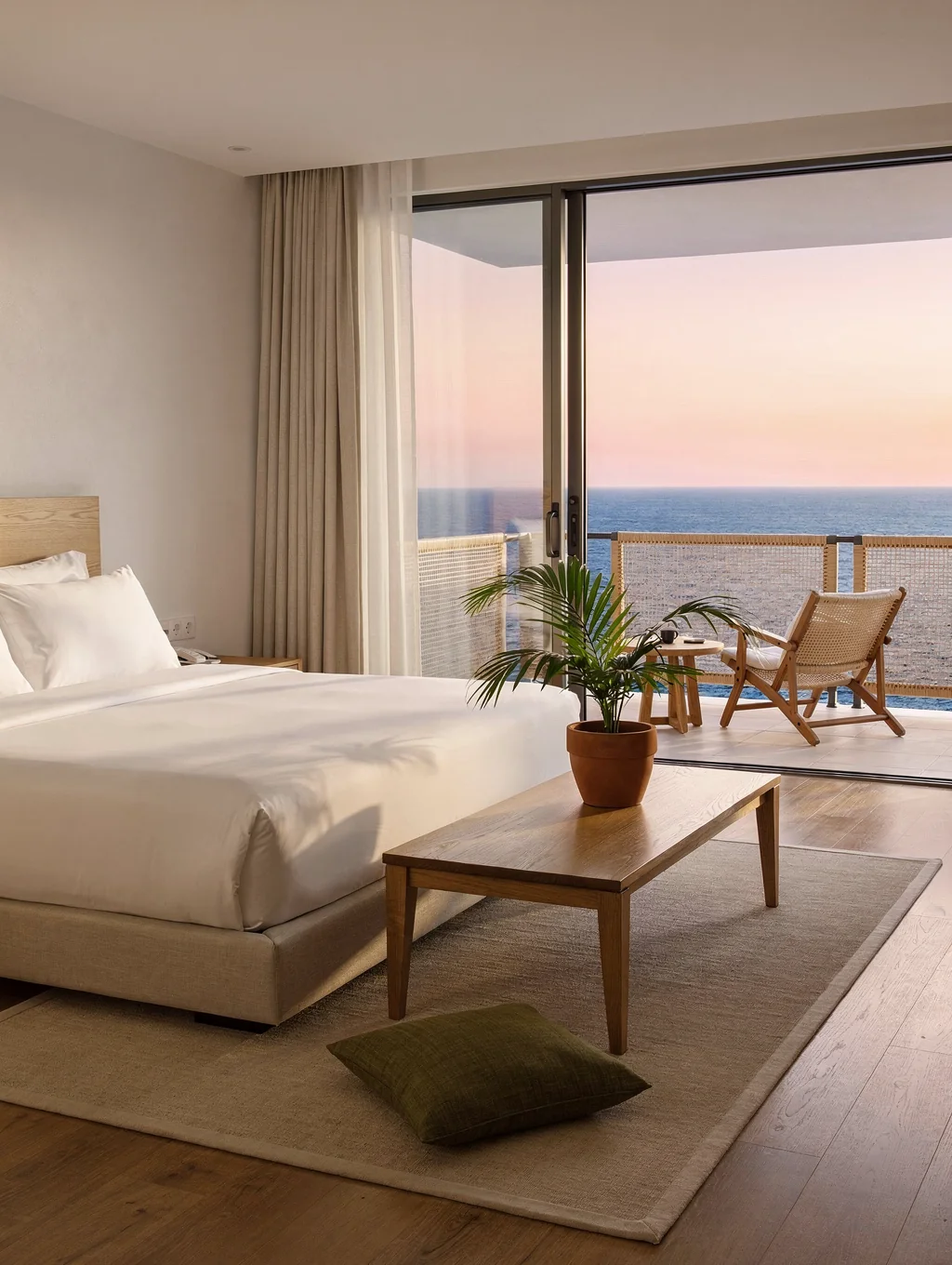 Minimalist oceanfront suite with floor-to-ceiling glass doors