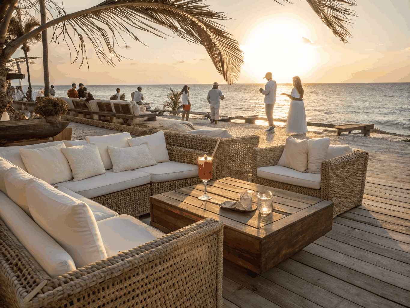 Sunset lounge area facing the calm ocean
