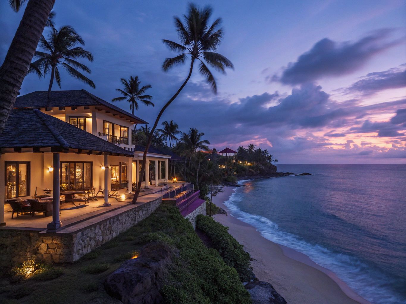 Aerial view of the private RITMO estate surrounded by turquoise ocean waters at dusk