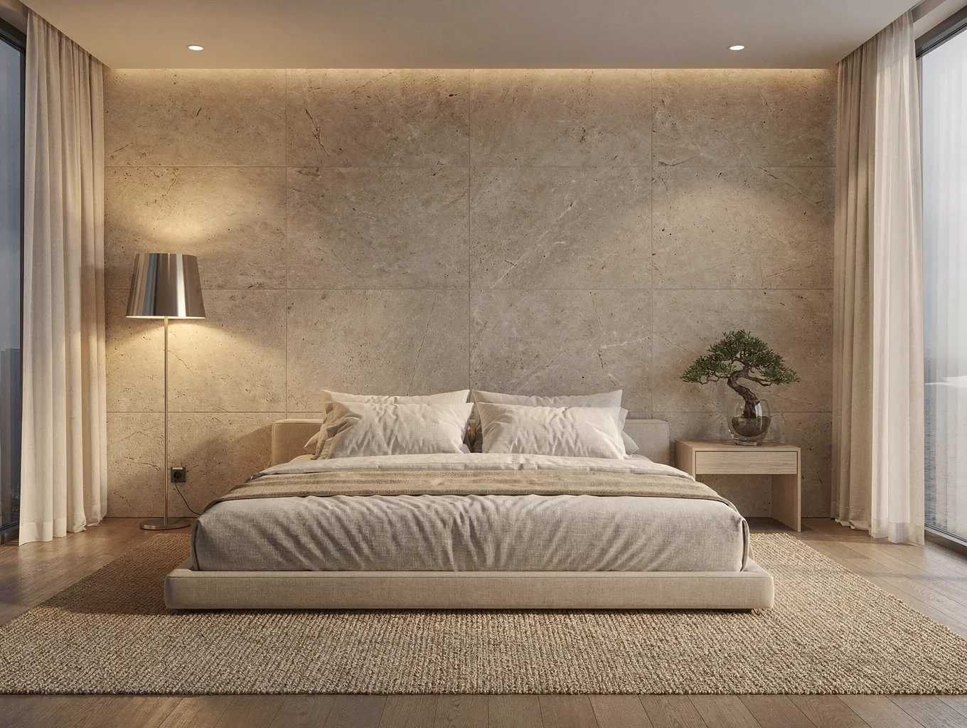 Serene suite interior with organic textures