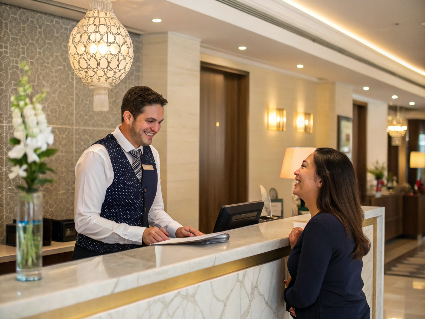 A welcoming staff member preparing a quiet space for a guest