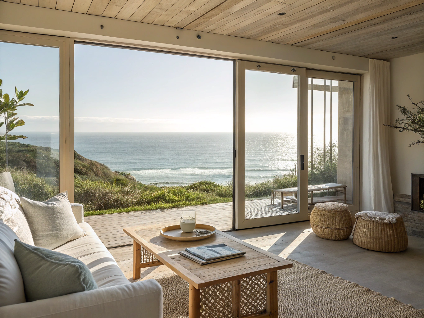 Minimalist sanctuary interior with soft natural textures, warm lighting and a view of the coastal horizon